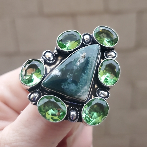 New Oversized Indian Moss Agate & Tsavorite 925 Silver Statement Ring. - Picture 15 of 16